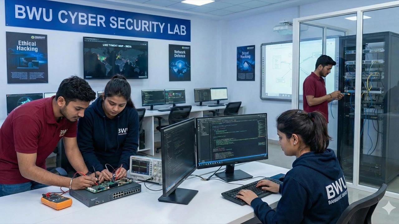 Students collaborating in a cyber security laboratory