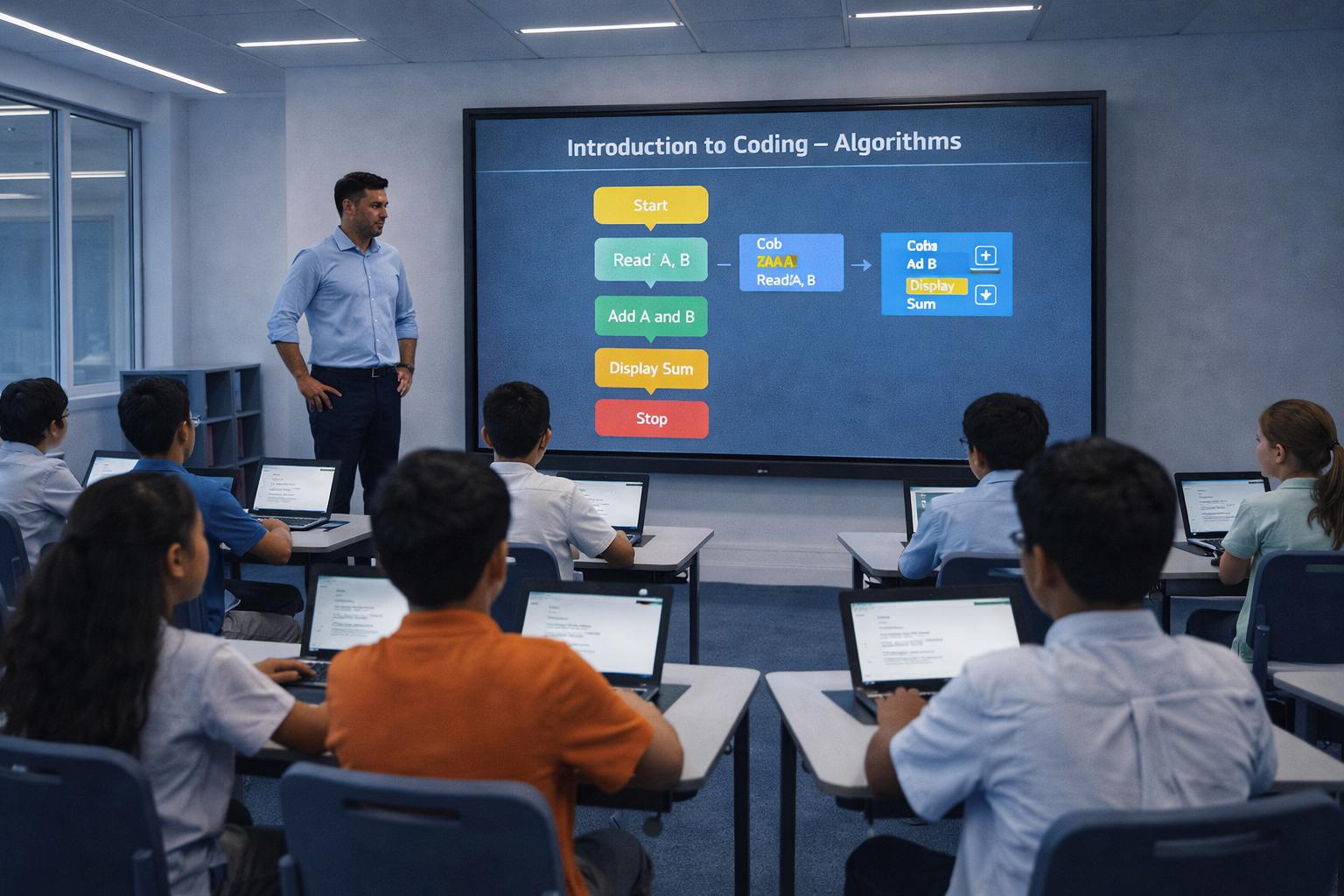Students learning coding algorithms in a classroom