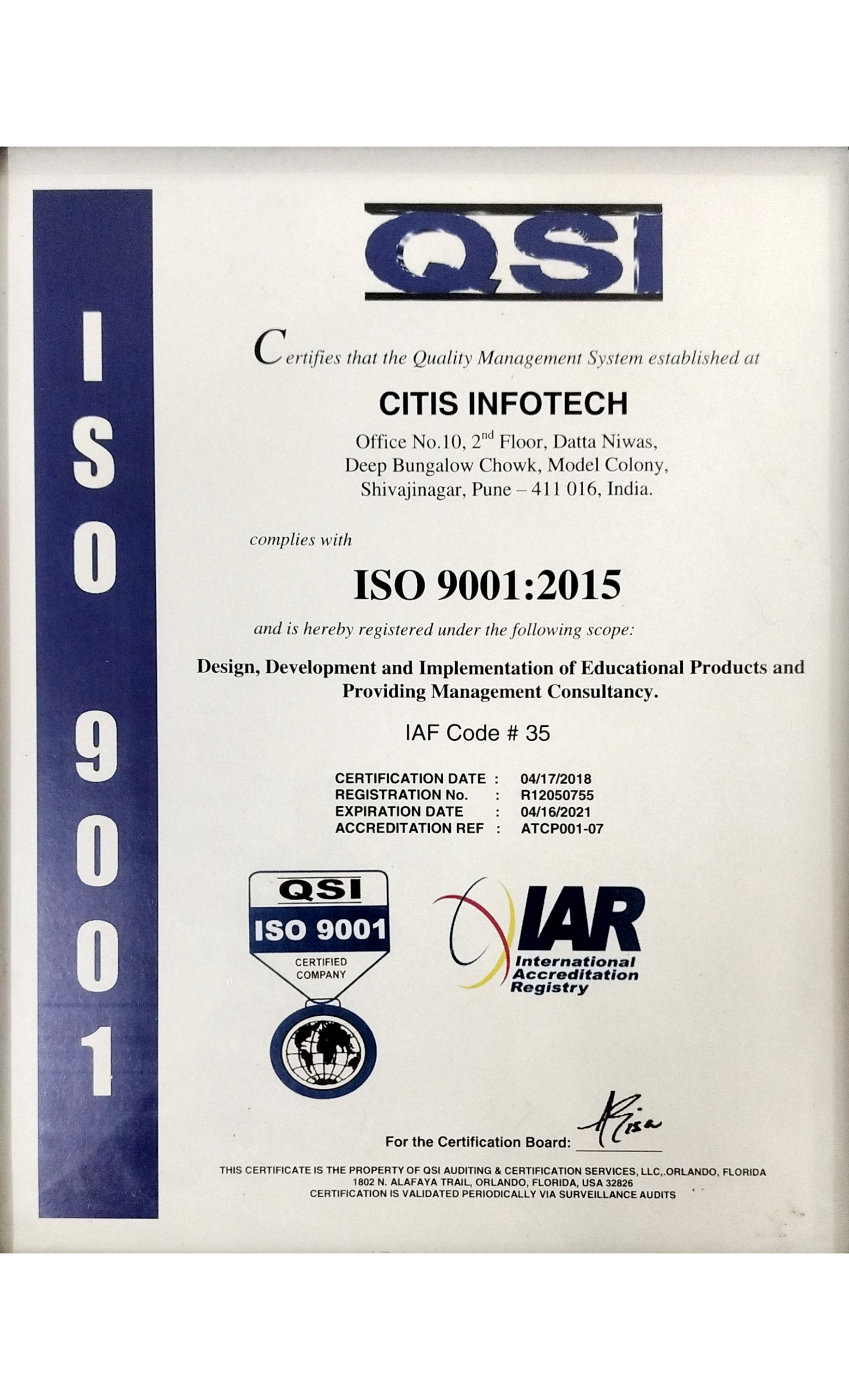 CITIS Infotech ISO 9001:2015 quality management system certificate