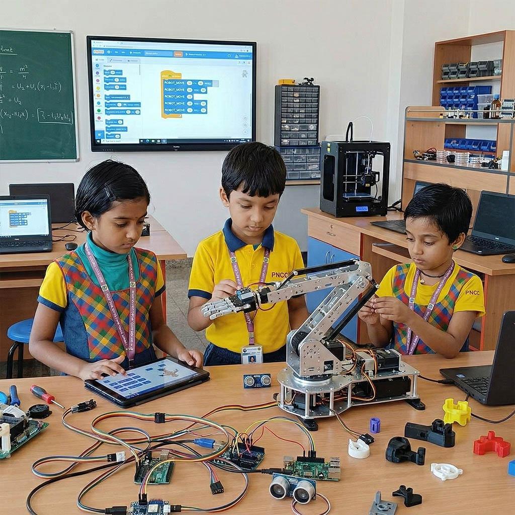 Students working together on a hands-on robotics and maker project