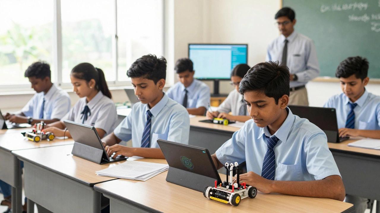 Students building and programming robotics projects in class